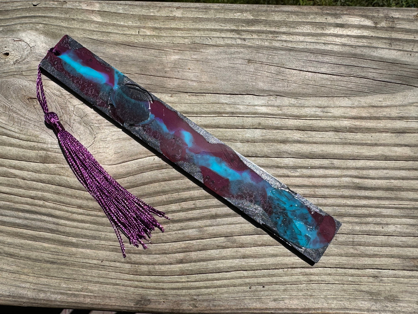 1.2 x 7.7 Flexible Bookmark Purple Teal and Metallic Charcoal with Purple Tassel