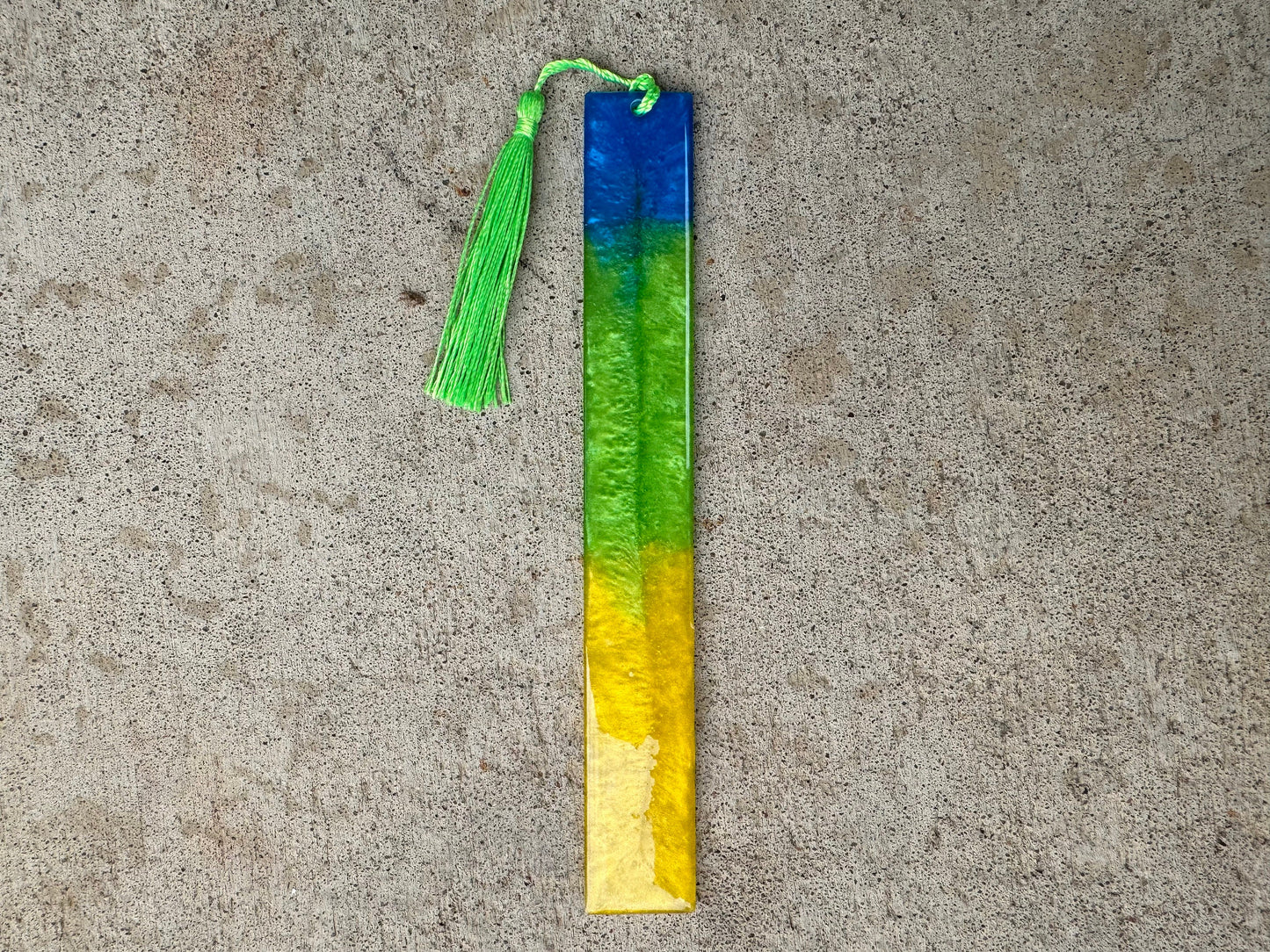 1.2 x 7.7 Bookmark Metallic Blue Green and Yellow with Lime Green Tassel