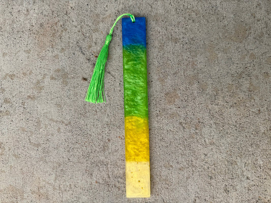 1.2 x 7.7 Bookmark Metallic Blue Green and Yellow with Lime Green Tassel