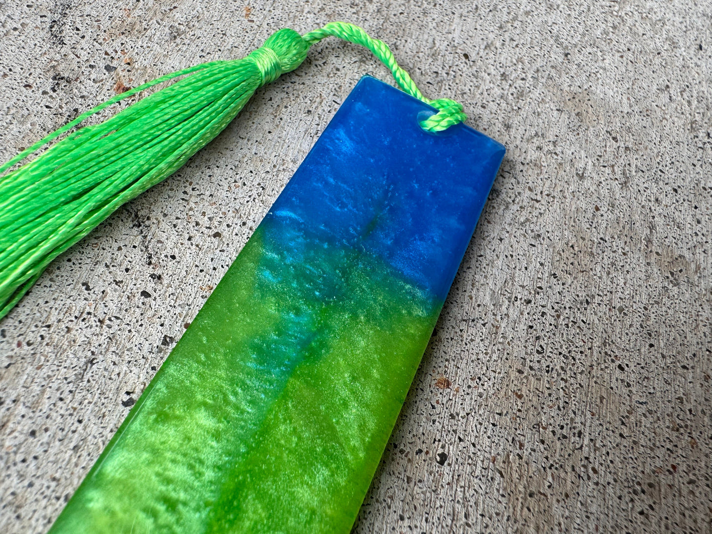 1.2 x 7.7 Bookmark Metallic Blue Green and Yellow with Lime Green Tassel