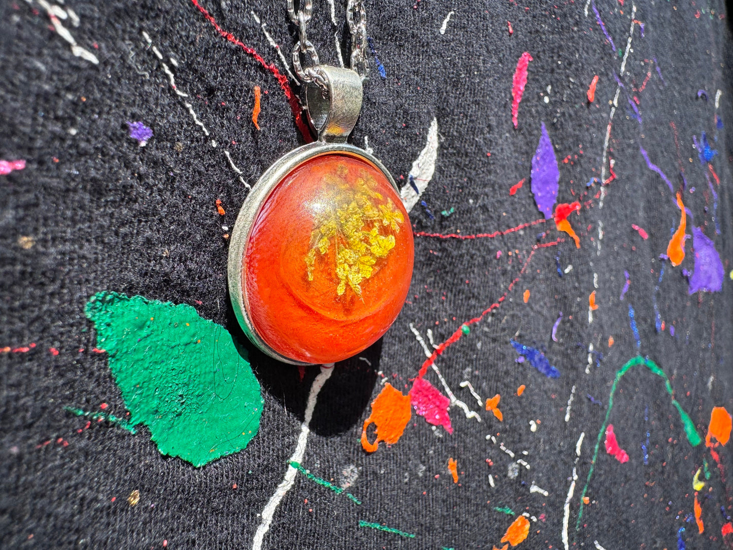 Dried Yellow Flower with Orange Backing Clear Half Sphere Pendant with Long Silver Chain and Bezel