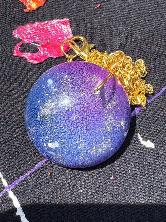 Purple and Blue Petri Cat Eye Resin Clear Half Sphere Pendant with Long Gold Chain