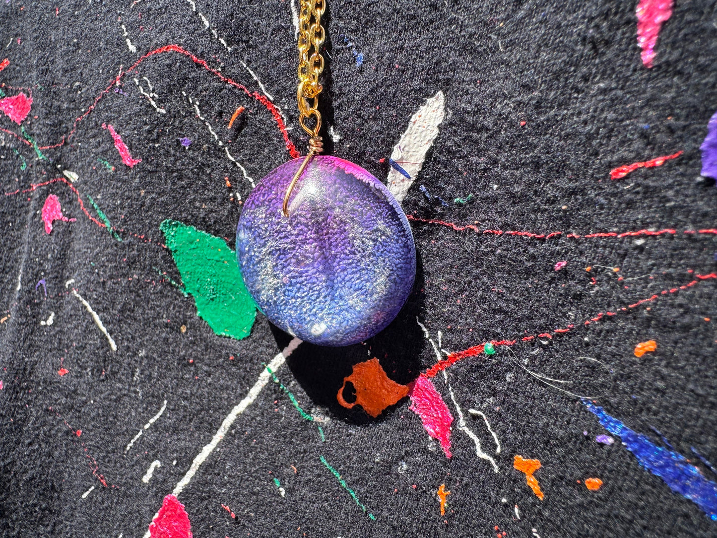 Purple and Blue Petri Cat Eye Resin Clear Half Sphere Pendant with Long Gold Chain