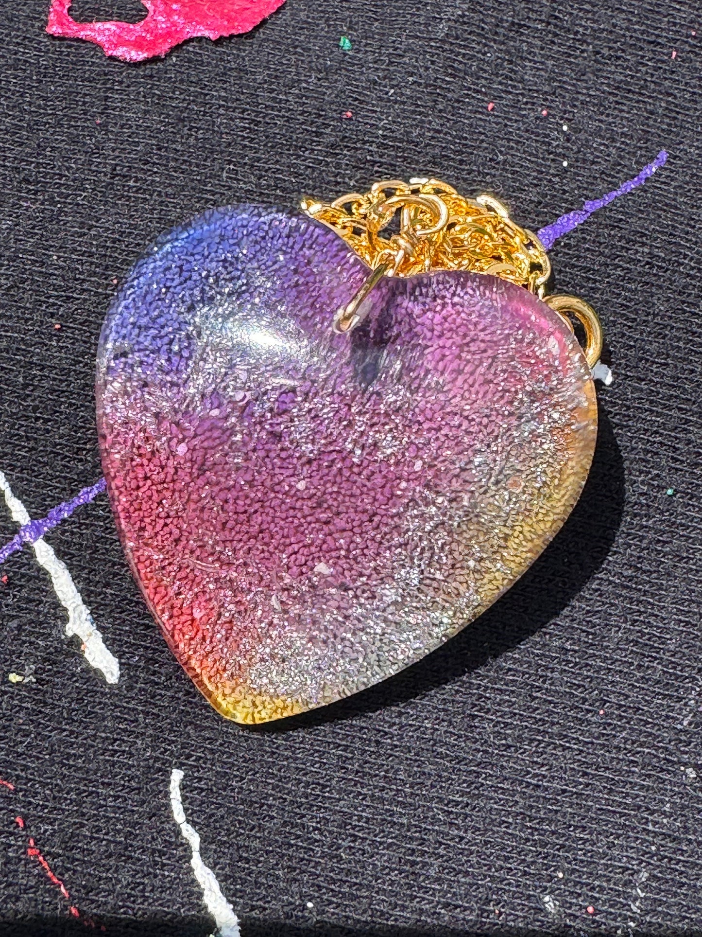 Purple Pink and Yellow Petri Style in Clear Heart Epoxy Resin Long Gold Chain Pendant