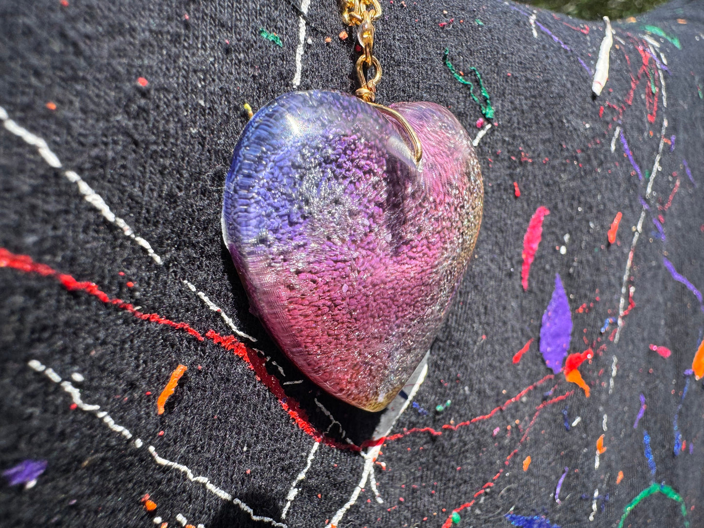 Purple Pink and Yellow Petri Style in Clear Heart Epoxy Resin Long Gold Chain Pendant