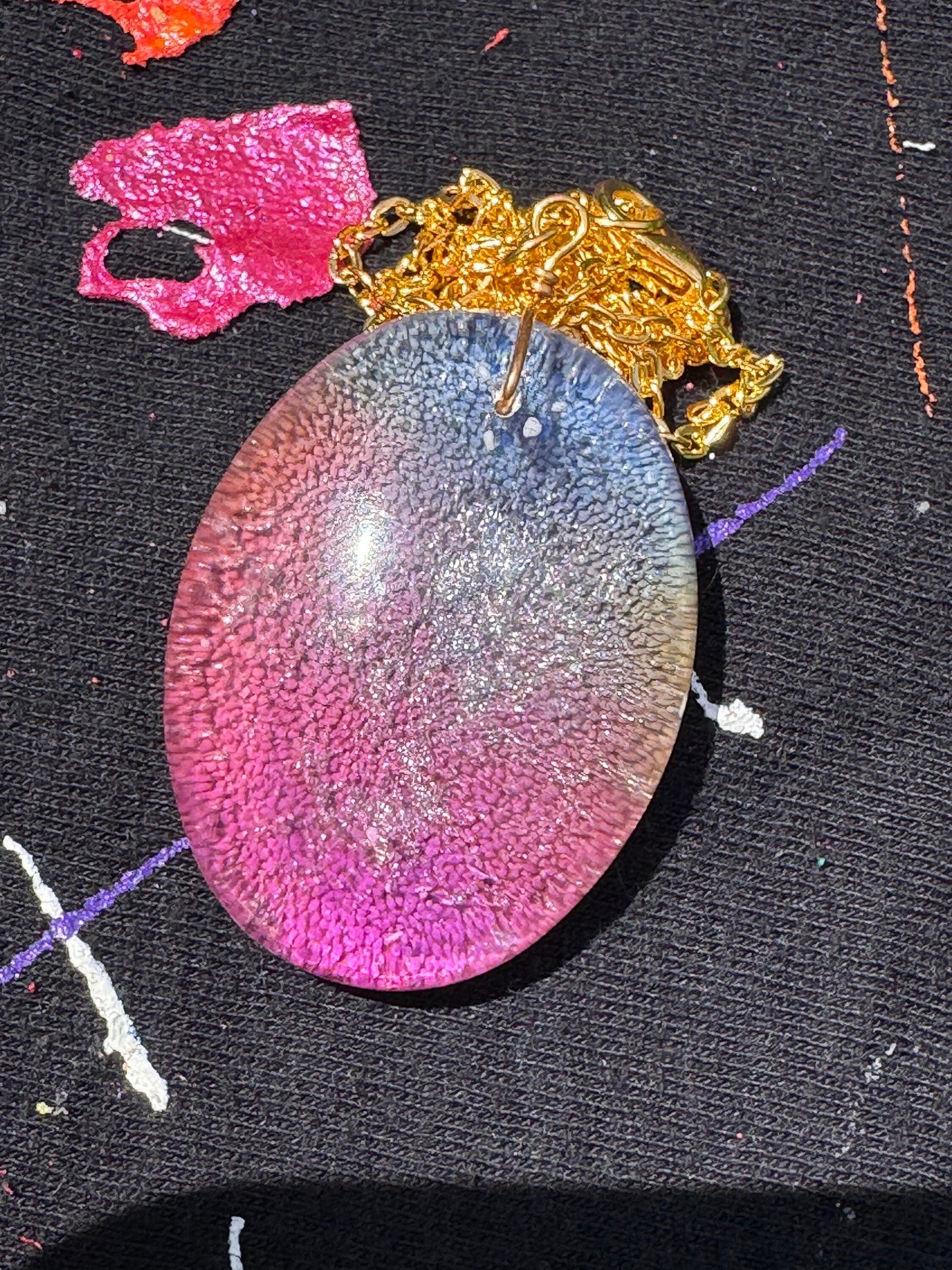 Pink and Blue Petri Cat Eye in Clear Half Oval Epoxy Resin Long Gold Chain Pendant