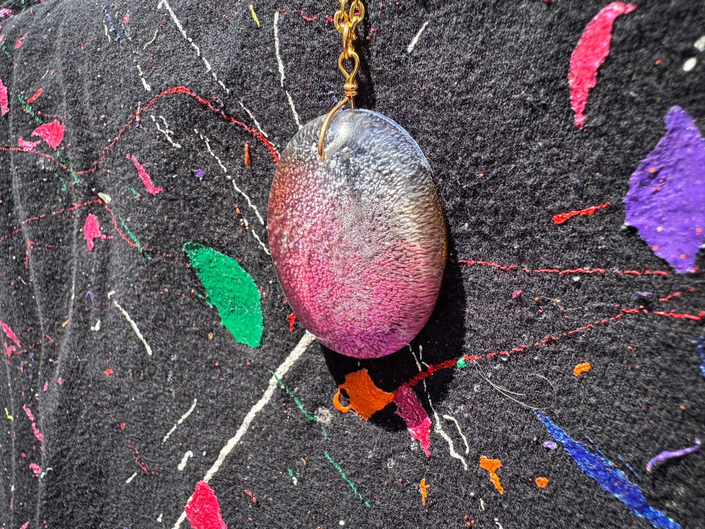 Pink and Blue Petri Cat Eye in Clear Half Oval Epoxy Resin Long Gold Chain Pendant