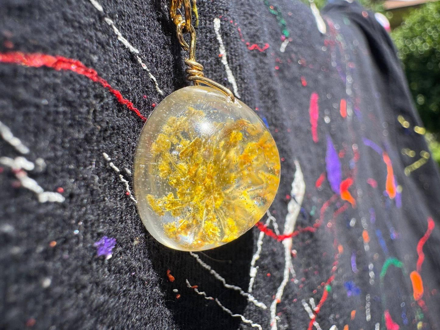 Dried Yellow Flower in Clear Half Sphere Pendant with Long Gold Chain