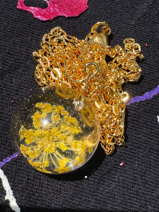 Dried Yellow Flower in Clear Half Sphere Pendant with Long Gold Chain