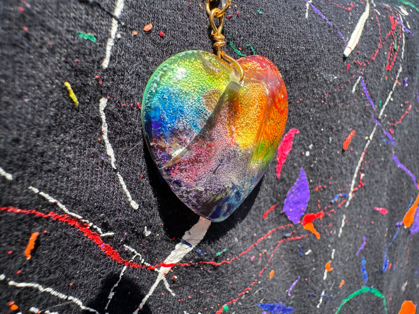 Cracked Rainbow Heart Petri in Clear Heart Epoxy Resin Long Gold Chain Pendant