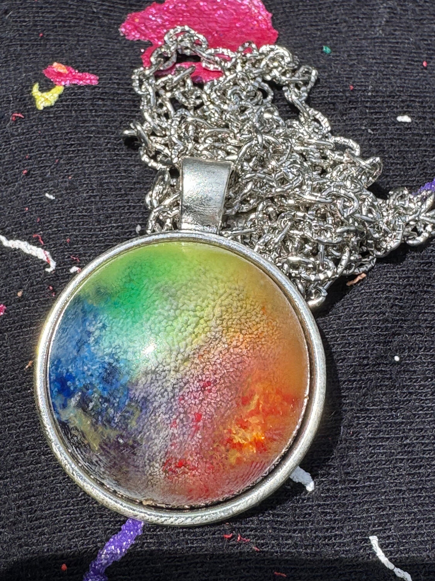 Rainbow Pride Petri Style Clear Half Sphere Pendant with Long Silver Chain and Bezel