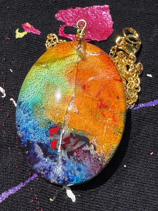 Cracked Rainbow Oval Petri in Clear Heart Epoxy Resin Long Gold Chain Pendant