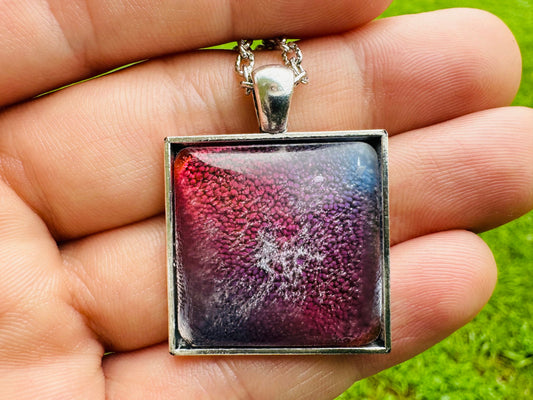 Square Blue and Purple Petri Cat Eye Resin Pendant on Silver Bezel with Long Chain