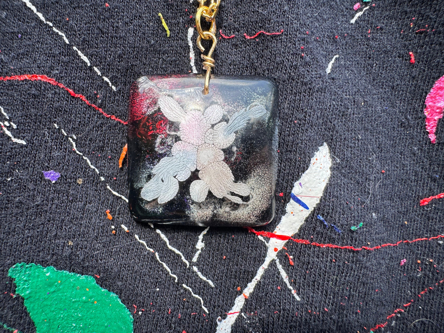 Red White and Black Petri Style Clear Resin Pendant with Long Gold Chain