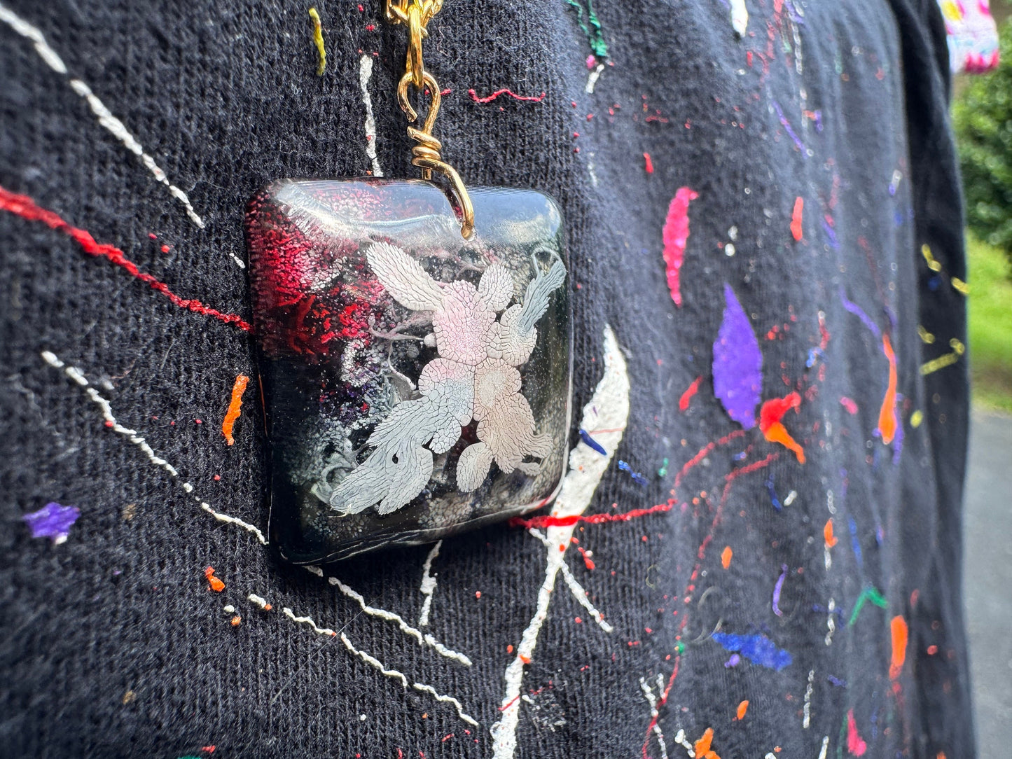 Red White and Black Petri Style Clear Resin Pendant with Long Gold Chain