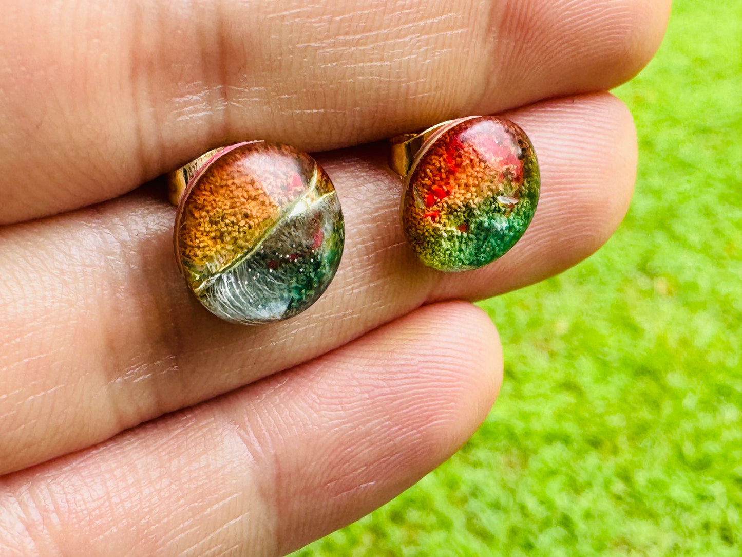 Small 1.2 cm Cracked Rainbow Pride Petri Style Half Sphere Stud Epoxy Resin Earrings with Gold Studs