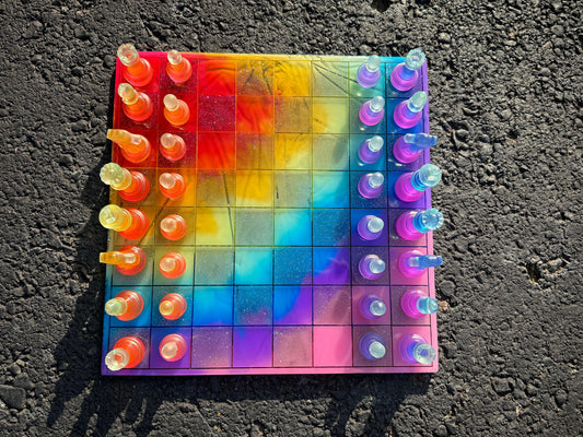 11 inch x 11 inch Pride Translucent Rainbow Epoxy Resin Chess Board and Chess Pieces