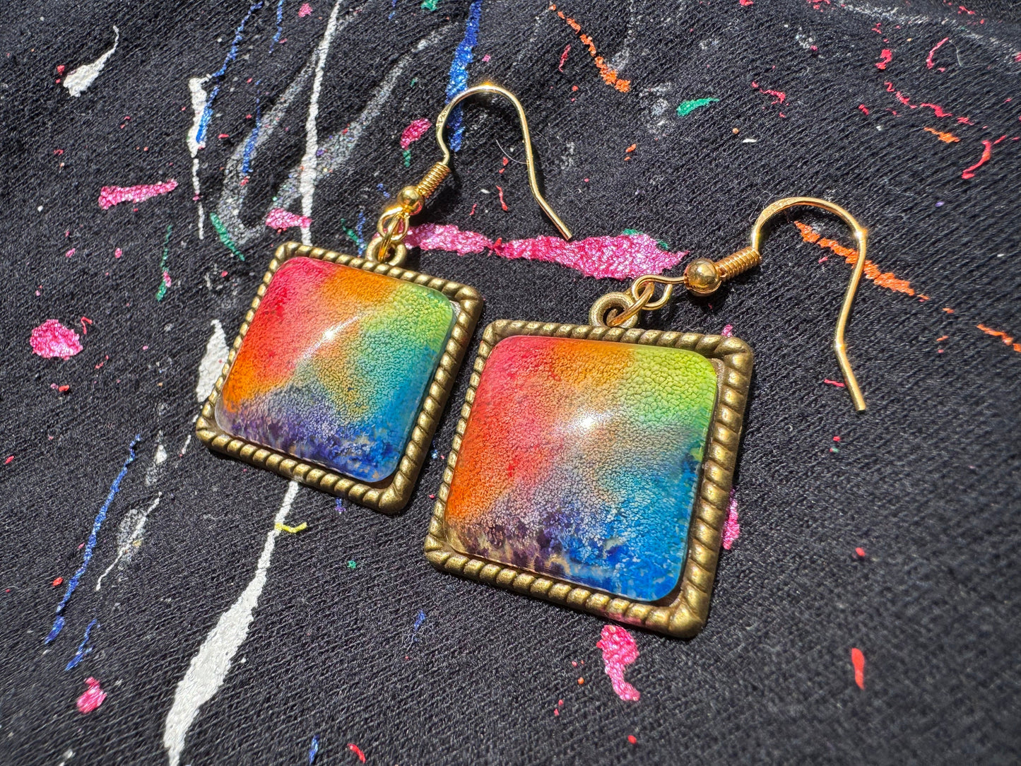 Rainbow Pride Square Petri Dish Epoxy Resin Earrings with Gold Hooks and Bezel