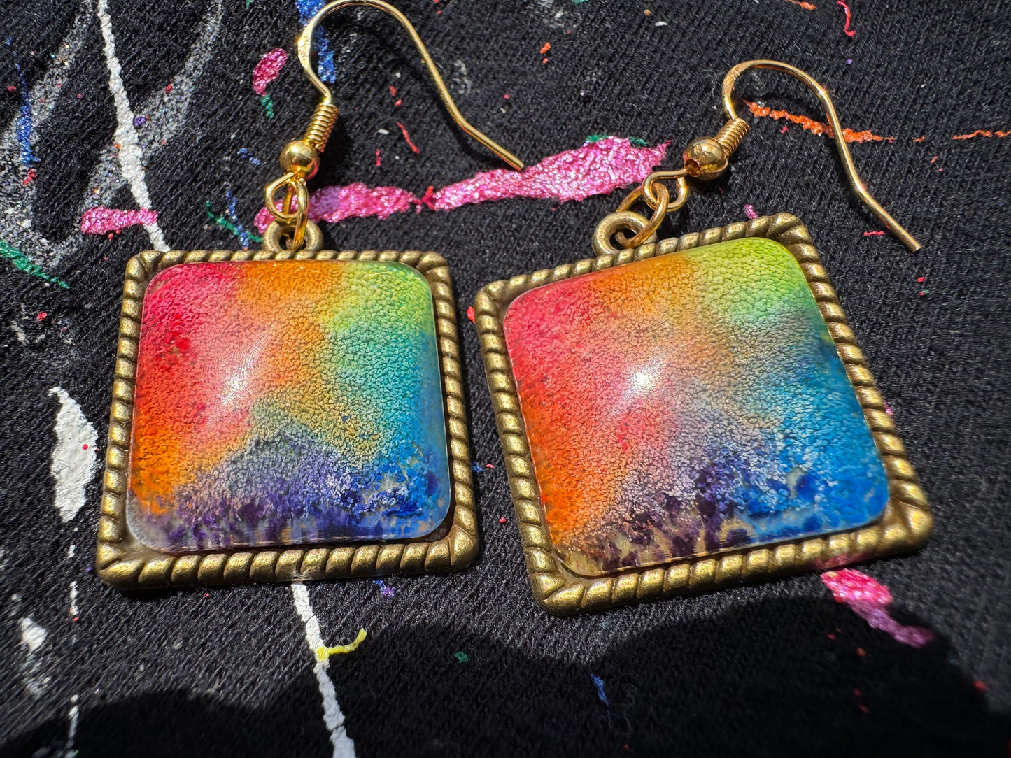 Rainbow Pride Square Petri Dish Epoxy Resin Earrings with Gold Hooks and Bezel