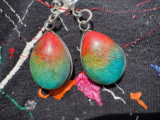 Rainbow Pride Petri Style Teardrop Stud Epoxy Resin Earrings with Silver Hooks and Bezel