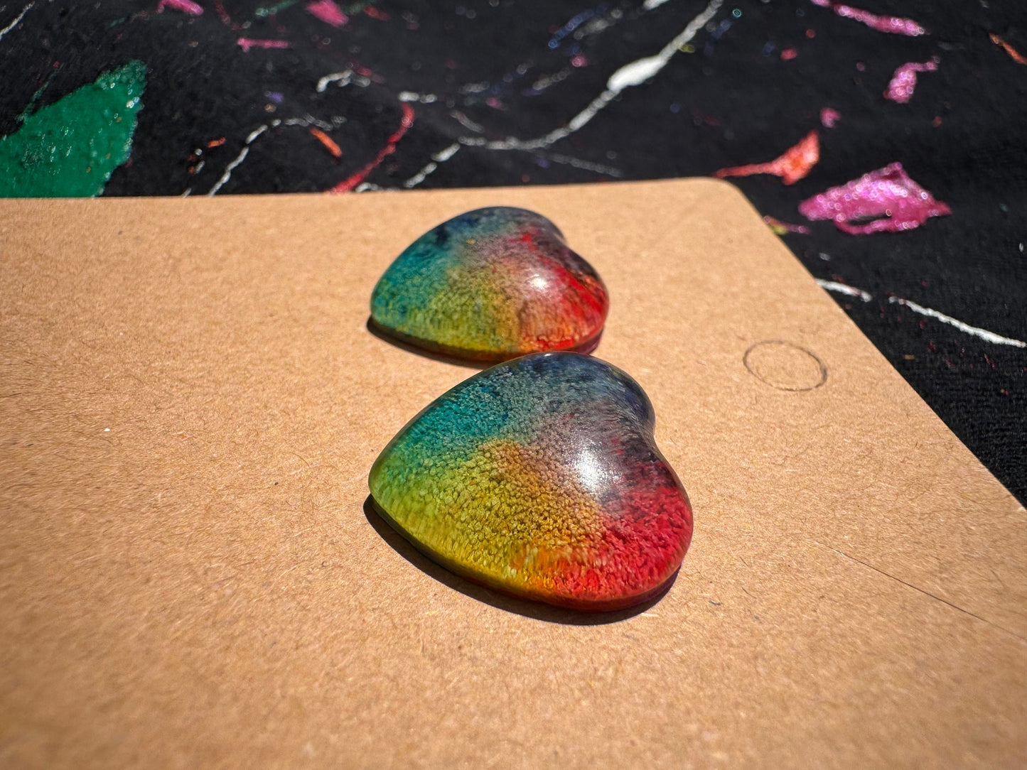 Rainbow Pride Medium 2.5 cm Petri Style Heart Epoxy Resin Earrings with Gold Studs