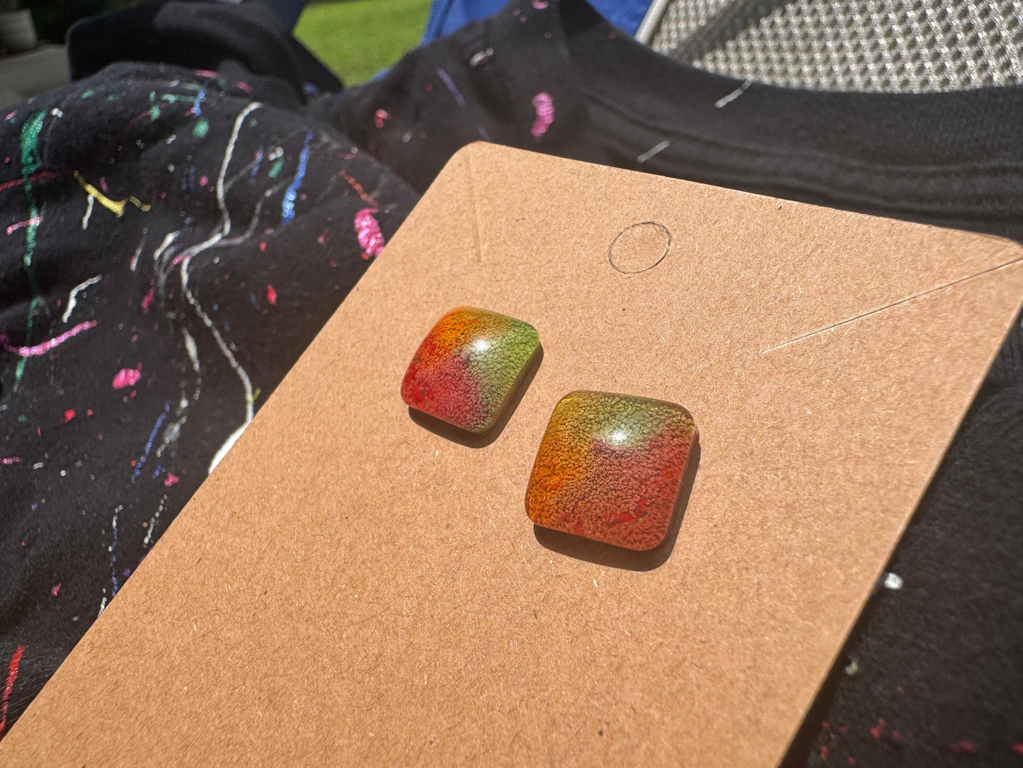 Rainbow Pride Rounded Square Petri Dish Epoxy Resin Earrings with Gold Studs