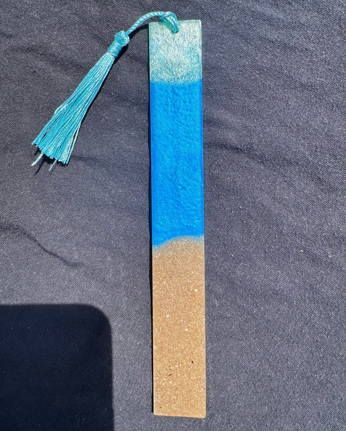 1.2 x 7.7 Ocean Real Sand Metallic Blue Teal Bookmark with Cyan Tassel