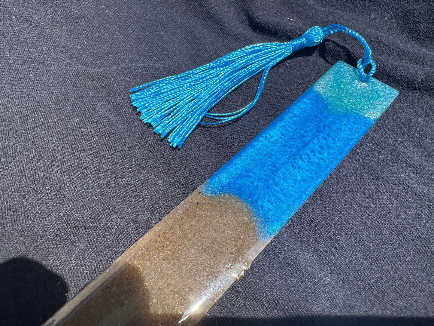 1.2 x 7.7 Ocean Real Sand Metallic Blue Teal Bookmark with Baby Blue Tassel