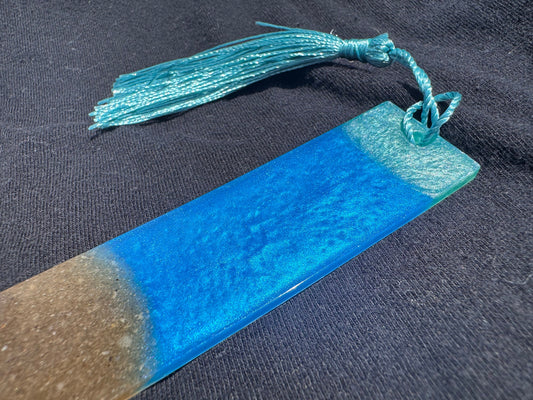 1.2 x 5.8 Ocean Real Sand Metallic Blue Teal Bookmark with Cyan Tassel