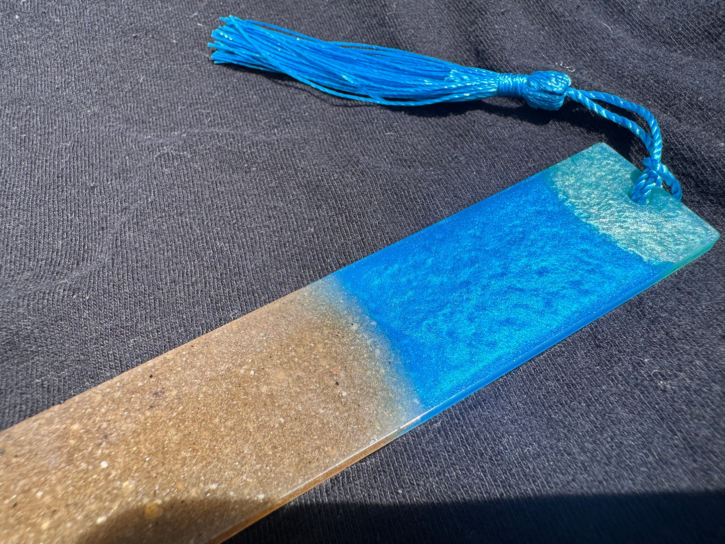 1.2 x 5.8 Ocean Real Sand Metallic Blue Teal Bookmark with Blue Tassel