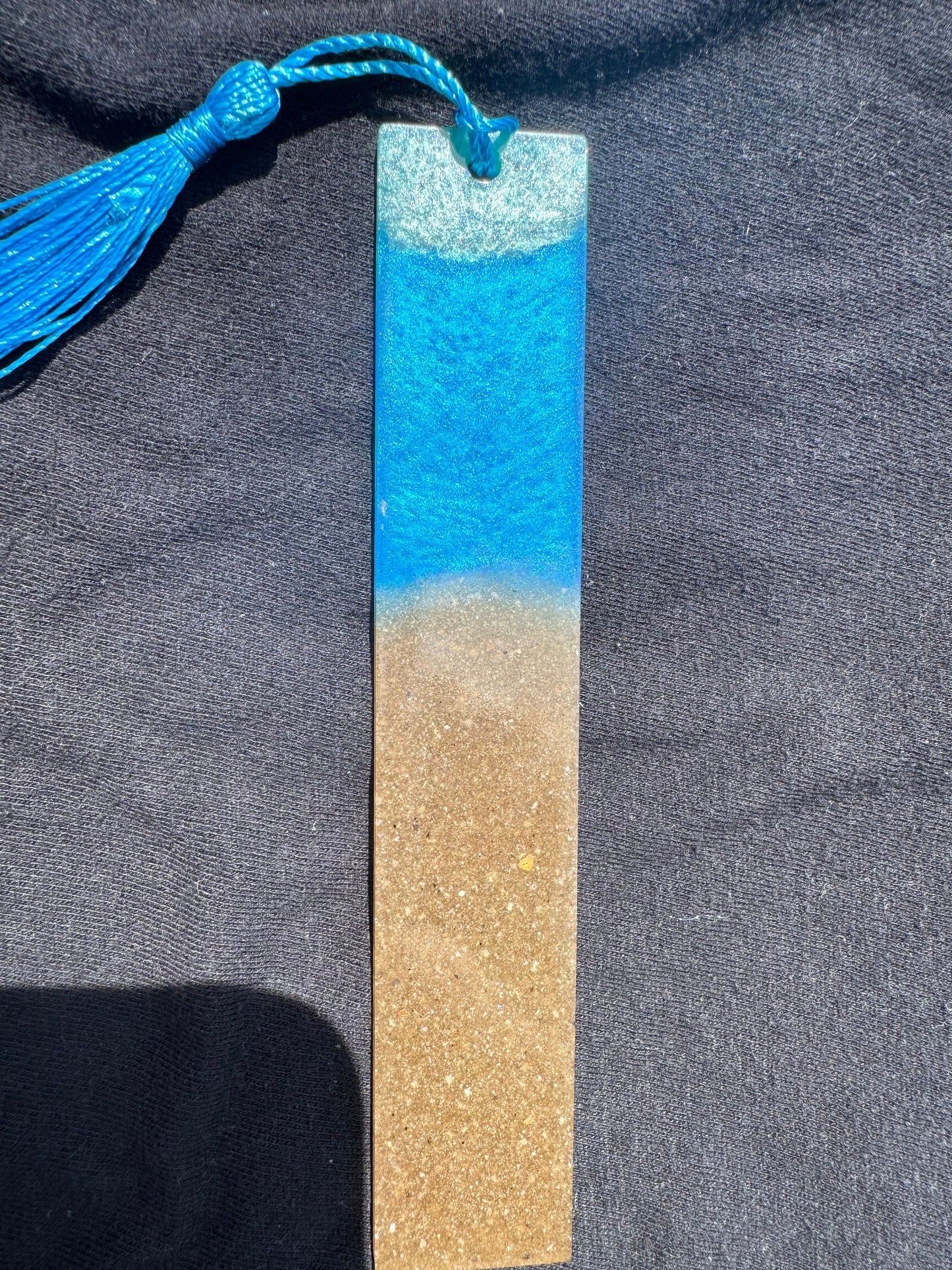 1.2 x 5.8 Ocean Real Sand Metallic Blue Teal Bookmark with Blue Tassel