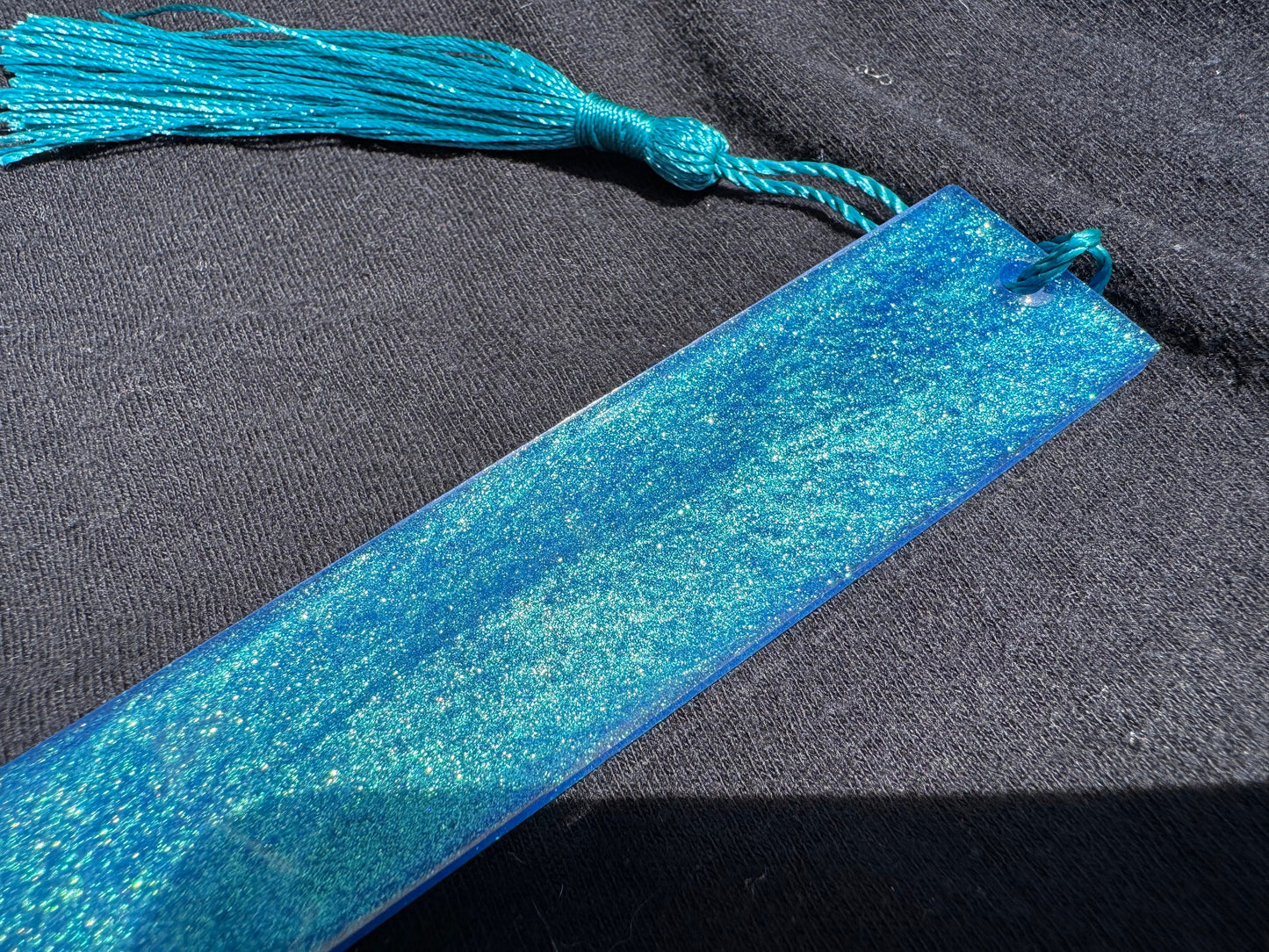 1.2 x 5.8 Color Shifting Blue to Teal Shimmering Chameleon Pigment Bookmark with Teal Tassel