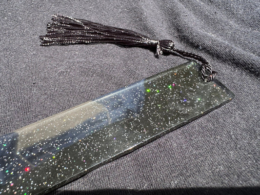 1.2 x 5.8 Translucent Black with Rainbow Holographic Glitter Bookmark with Black Tassel