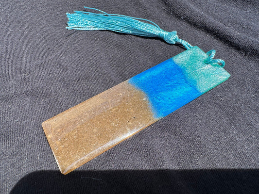 1.2 x 3.8 Ocean Real Sand Metallic Blue Teal Bookmark with Cyan Tassel