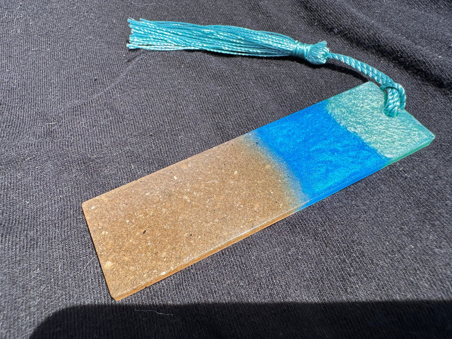 1.2 x 3.8 Ocean Real Sand Metallic Blue Teal Bookmark with Cyan Tassel