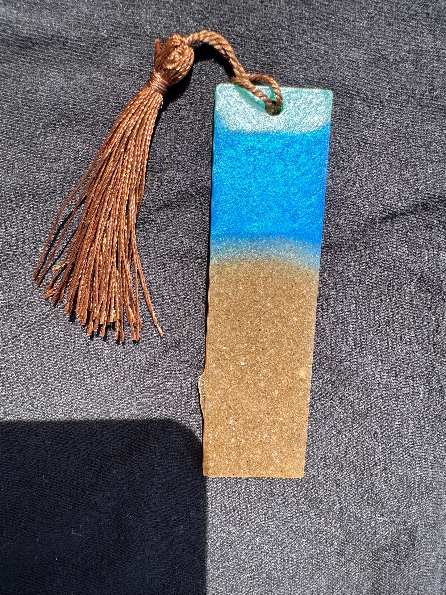 1.2 x 3.8 Ocean Real Sand Metallic Blue Teal Bookmark with Brown Tassel