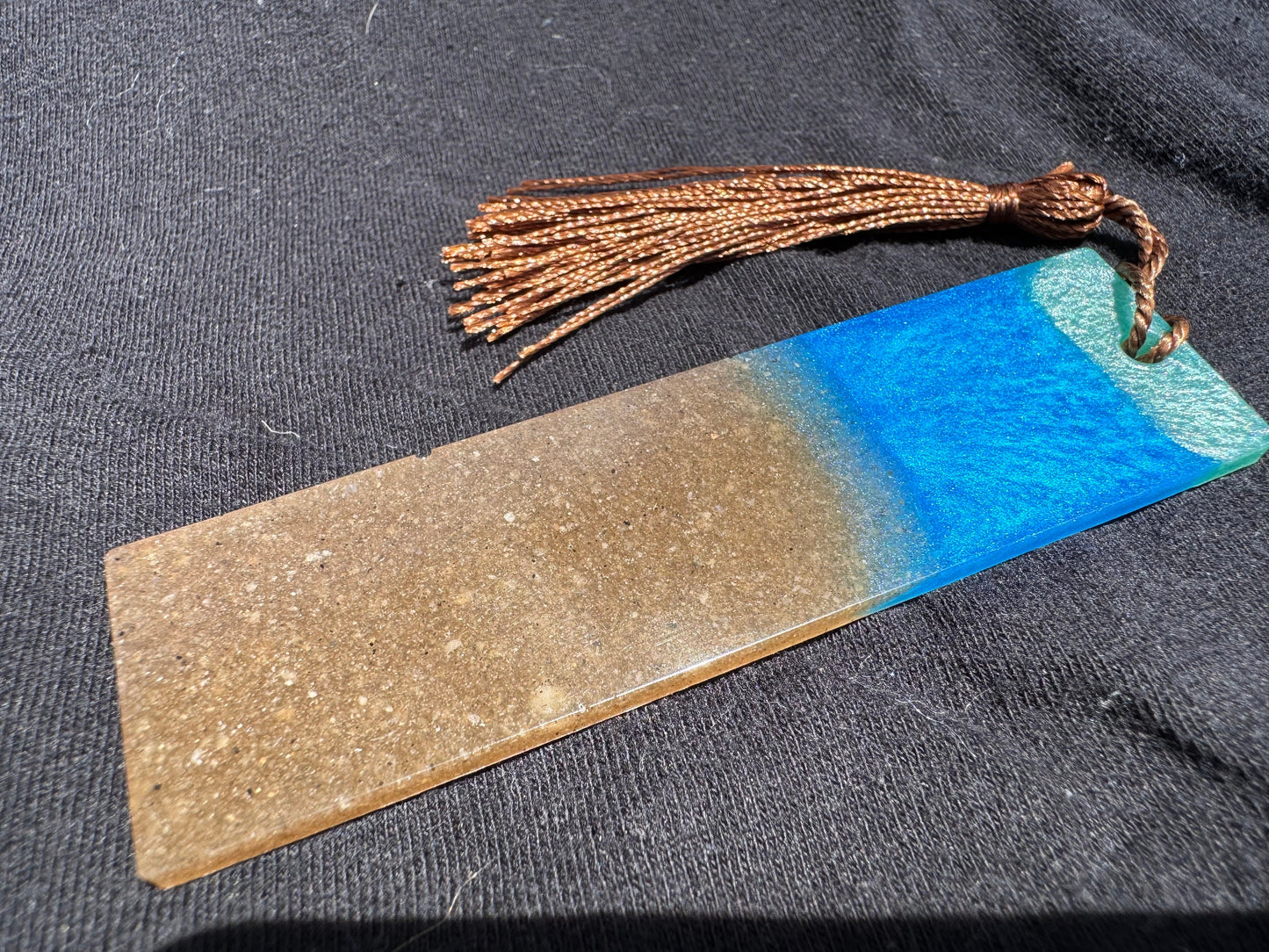 1.2 x 3.8 Ocean Real Sand Metallic Blue Teal Bookmark with Brown Tassel