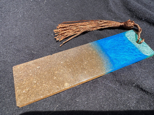 1.2 x 3.8 Ocean Real Sand Metallic Blue Teal Bookmark with Brown Tassel