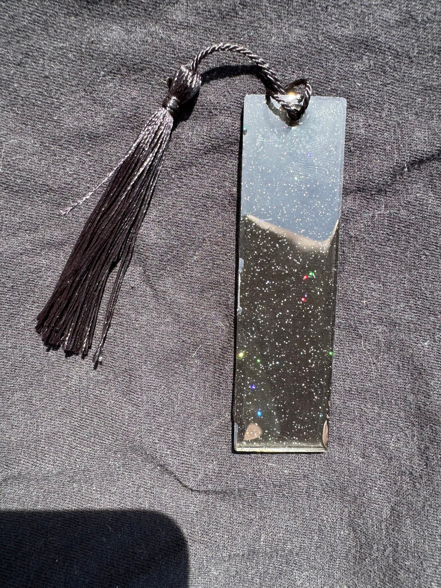 1.2 x 3.8 Translucent Black with Rainbow Holographic Glitter Bookmark with Black Tassel