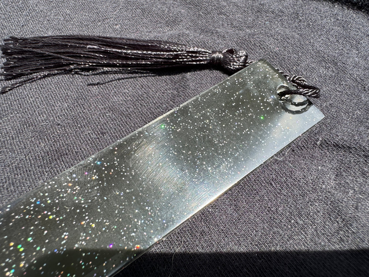 1.2 x 3.8 Translucent Black with Rainbow Holographic Glitter Bookmark with Black Tassel