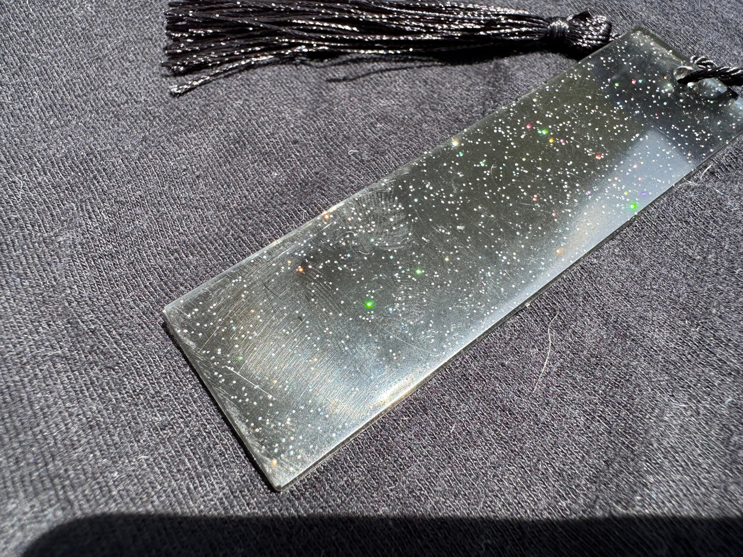 1.2 x 3.8 Translucent Black with Rainbow Holographic Glitter Bookmark with Black Tassel