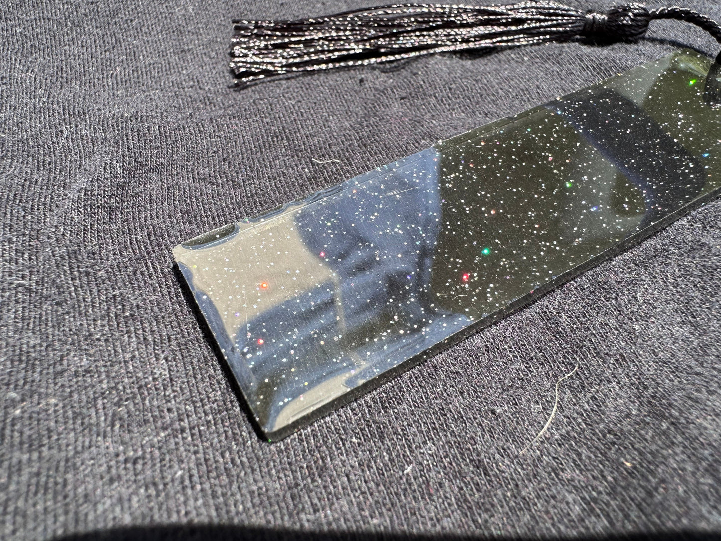 1.2 x 3.8 Translucent Black with Rainbow Holographic Glitter Bookmark with Black Tassel