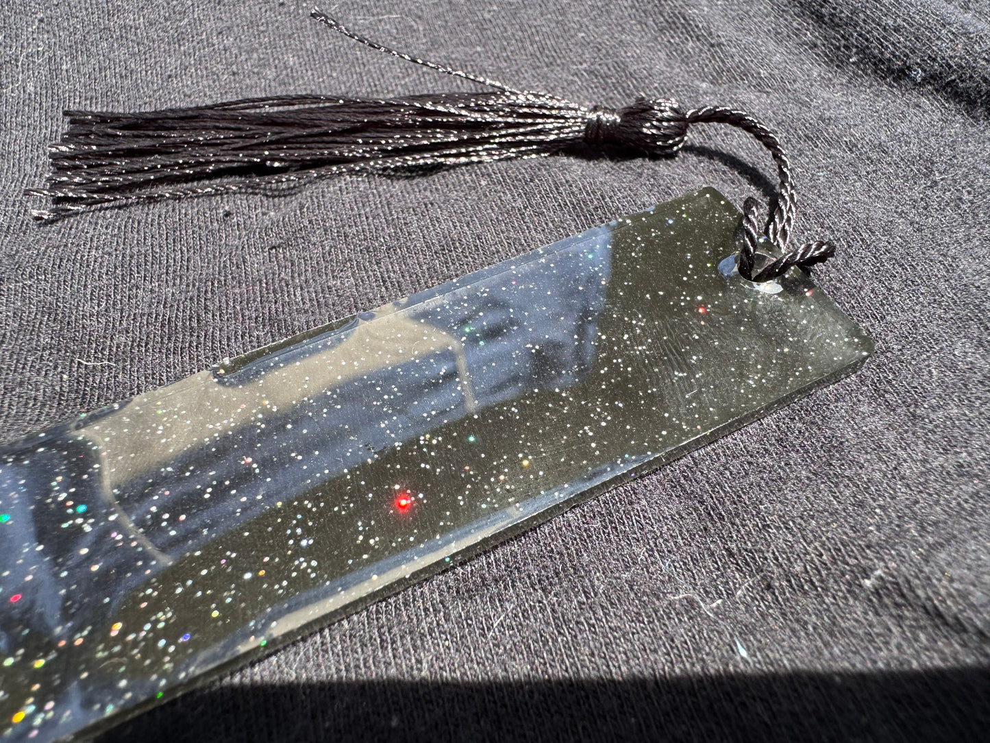 1.2 x 3.8 Translucent Black with Rainbow Holographic Glitter Bookmark with Black Tassel