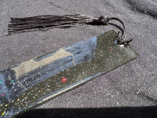 1.2 x 3.8 Translucent Black with Rainbow Holographic Glitter Bookmark with Black Tassel