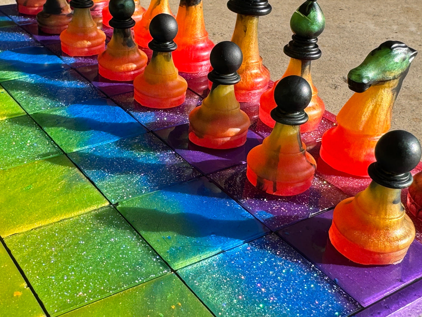 11 inch x 11 inch Pride Metallic Holographic Rainbow Epoxy Resin Chess Board and Chess Pieces