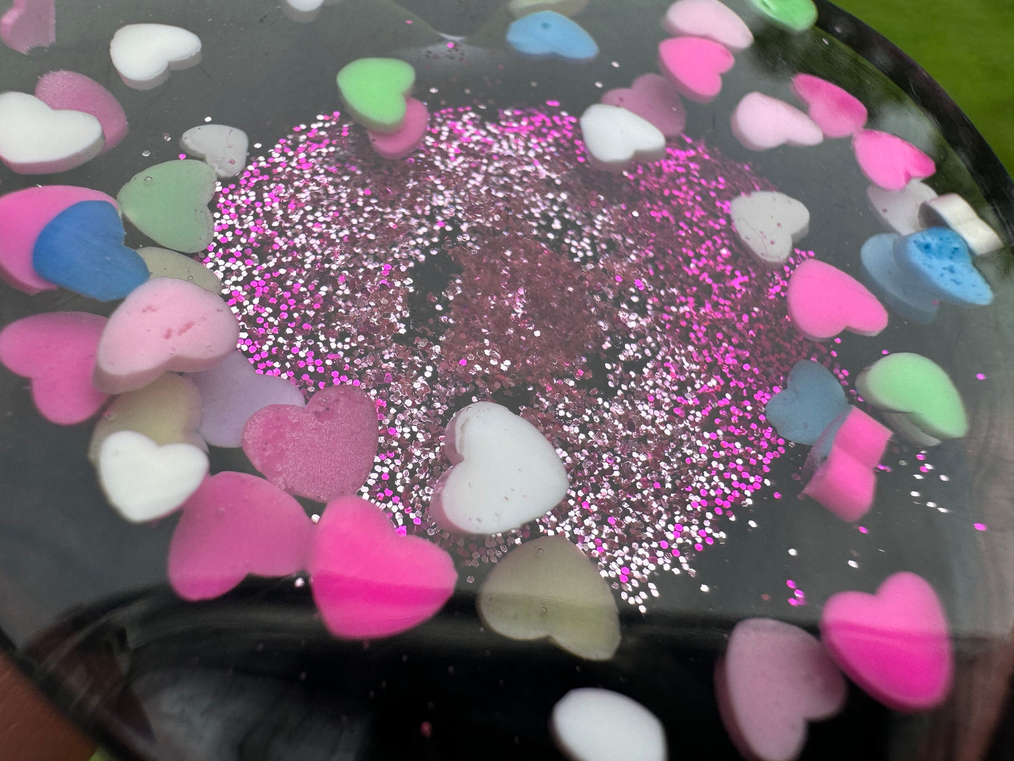 Rainbow Clay Hearts with Pink and White Glitter Heart Epoxy Resin Pop Socket