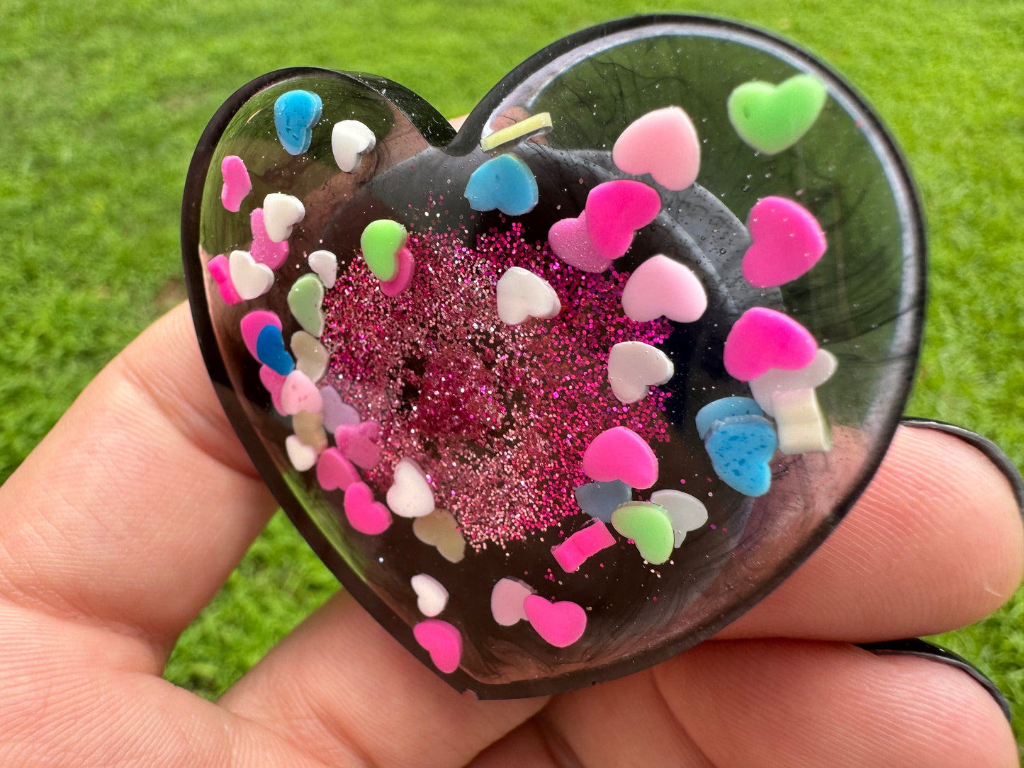 Rainbow Clay Hearts with Pink and White Glitter Heart Epoxy Resin Pop Socket