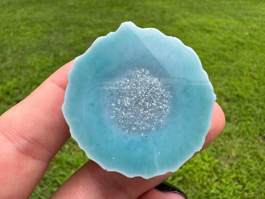 Aquamarine Geode with Silver Glitter Epoxy Resin Pop Socket