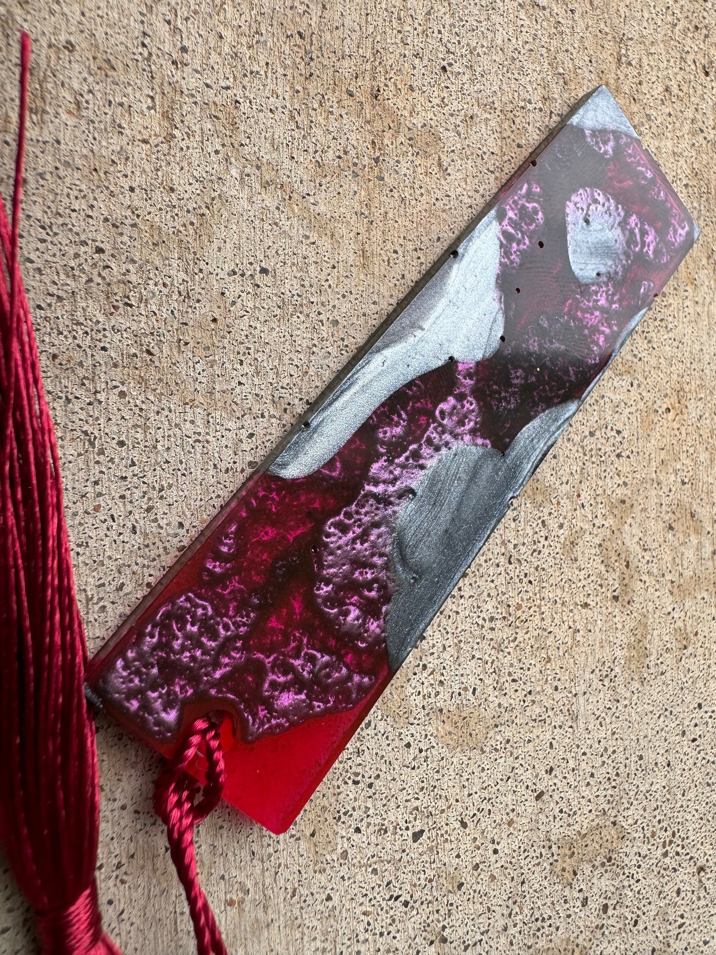 1.2 x 3.8 Flexible Bookmark Metallic Charcoal Silver Red Purple with Maroon Tassel