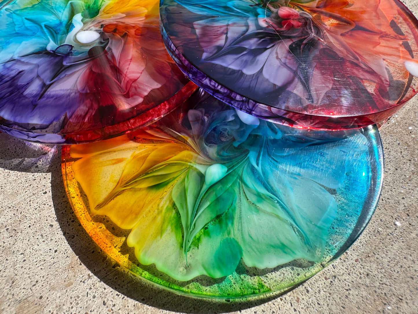 Round Rainbow Pride Blooming Flower Petri Drink Coasters Set with Base Handmade Epoxy Resin